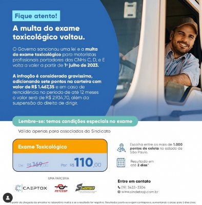 Fiscalização do exame toxicológico começa dia 28 de janeiro